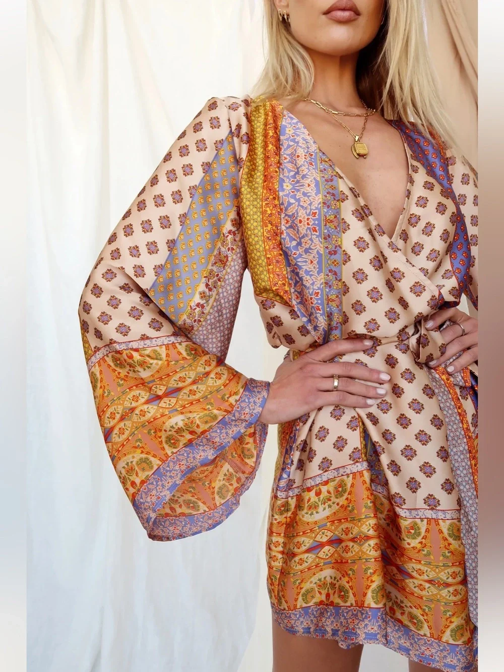 12th Tribe-Gold Standard Multicolored Kimono Dress(S) - Picture 1 of 6